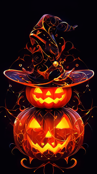 Halloween-themed phone wallpaper featuring two glowing jack-o'-lanterns with spooky faces stacked and wearing a witch's hat on a dark background.