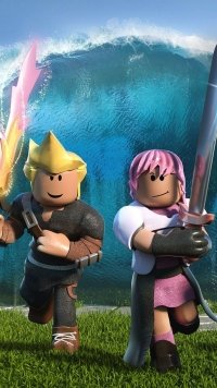 Roblox characters with weapons ready for adventure on a phone wallpaper, featuring a large wave and grassy terrain in the background.