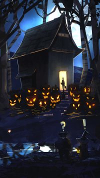 Halloween themed phone wallpaper featuring a menacing array of carved pumpkins in front of a spooky house under a moonlit sky.
