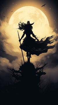 Halloween themed phone wallpaper featuring the silhouette of a witch standing on a hill with a full moon in the background.