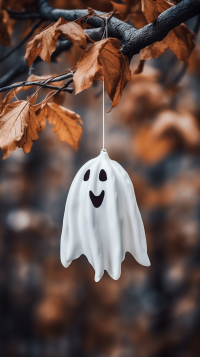 Halloween-themed phone wallpaper featuring a cute ghost decoration hanging from a tree branch with autumn leaves in the background.