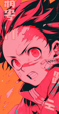 Animated phone wallpaper featuring Tanjiro Kamado from Demon Slayer: Kimetsu no Yaiba with a vibrant pink and orange backdrop.