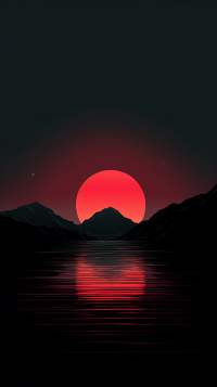 Aesthetic landscape phone wallpaper featuring a serene mountain silhouette against a large red sun with reflections on water.