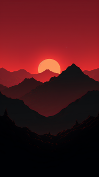 Aesthetic phone wallpaper featuring a serene red sunset over silhouetted mountain valleys.
