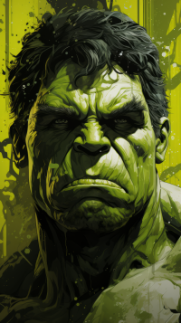 Alt-text: Illustration of the Hulk with a serious expression for a mobile phone wallpaper, featuring a vibrant yellow background.