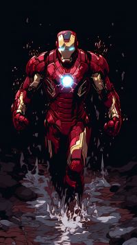 Iron Man themed phone wallpaper featuring the iconic superhero in dynamic pose on a dark background, suitable for vertical displays.