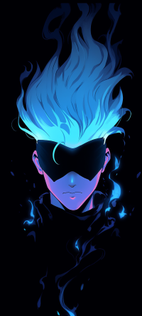 Jujutsu Kaisen phone wallpaper featuring the enigmatic Satoru Gojo with glowing blue hair and a blindfold, in a stylish and dark design suitable for mobile screens.