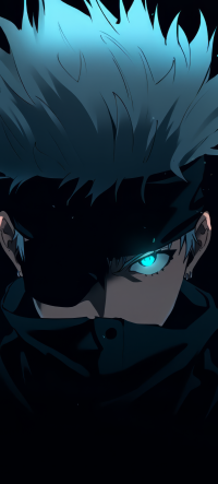 Stylish Jujutsu Kaisen phone wallpaper featuring Satoru Gojo with an intense gaze highlighted by his striking blue eye, set against a dark background perfect for mobile screens.