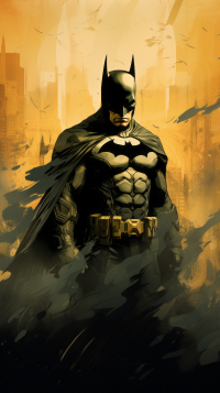 The Batman superhero in a dynamic pose against a stylized yellow and orange cityscape background, ideal for phone wallpaper use.