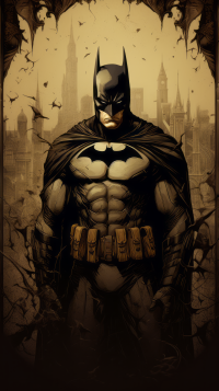 The Batman themed phone wallpaper featuring the iconic superhero standing boldly with a Gotham City silhouette in the background.