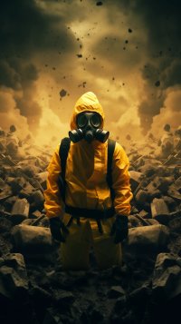 Apocalyptic phone wallpaper featuring a person in a yellow hazmat suit and gas mask standing amidst rubble under a dark, ominous sky, symbolizing a radioactive environment.