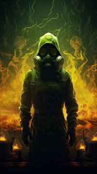 Figure in gas mask against a radioactive green background, eerie atmosphere for phone wallpaper.
