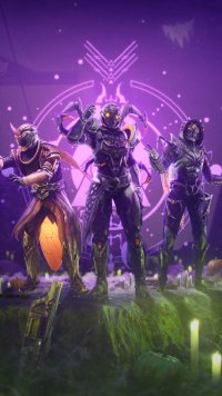 Destiny 2 themed mobile wallpaper featuring three Guardians in armor under a luminous symbol, perfect for gaming enthusiasts.