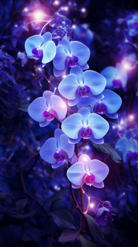 Vibrant blue orchid flowers with a glowing effect, ideal for a mystical phone wallpaper background.