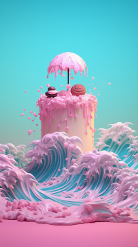 Vibrant and whimsical phone wallpaper featuring a towering cake with pink icing amidst stylized blue waves, perfect for adding a touch of sweetness to your screen.