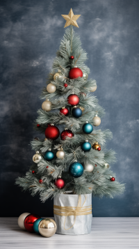Elegant Christmas phone wallpaper featuring a decorated tree with red, blue, and silver ornaments, a gold star on top, and gifts underneath, set against a blue textured backdrop.