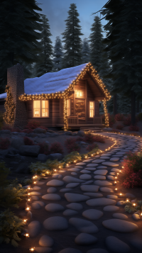 Cozy winter cabin with sparkling Christmas lights amidst snowy trees, ideal for a festive phone wallpaper.