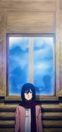 Mikasa Ackerman from Attack On Titan anime standing by a window, ideal for phone wallpaper.