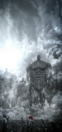 Attack on Titan Colossal Titan phone wallpaper featuring towering Titans in a stormy backdrop