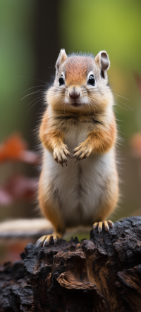 Alt-text: Cute chipmunk standing on a log with a blurred autumn background, ideal for phone wallpaper.