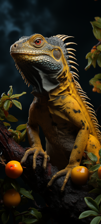 Majestic yellow iguana perched on a branch against a dark background, ideal for a phone wallpaper.