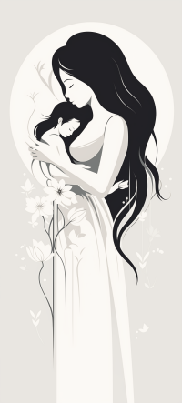 Elegant Mother's Day wallpaper featuring a graceful illustration of a mother embracing her child, set against a background of delicate flowers, perfect for a phone screen.