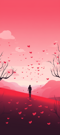 Romantic Valentine's Day phone wallpaper with silhouette of a person surrounded by heart shapes and a dreamy pink and red gradient background.