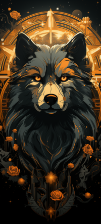 Majestic wolf themed phone wallpaper featuring a detailed illustration of a wolf's face with a mystical golden backdrop including roses and geometric patterns.