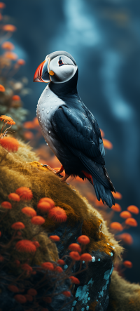 Picturesque puffin perched on a mossy cliff with a moody blue background, ideal for a vivid bird-themed phone wallpaper.