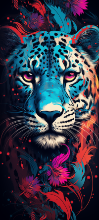 Colorful artistic leopard phone wallpaper featuring a vibrant depiction of a leopard's face with neon blue and pink tropical foliage.
