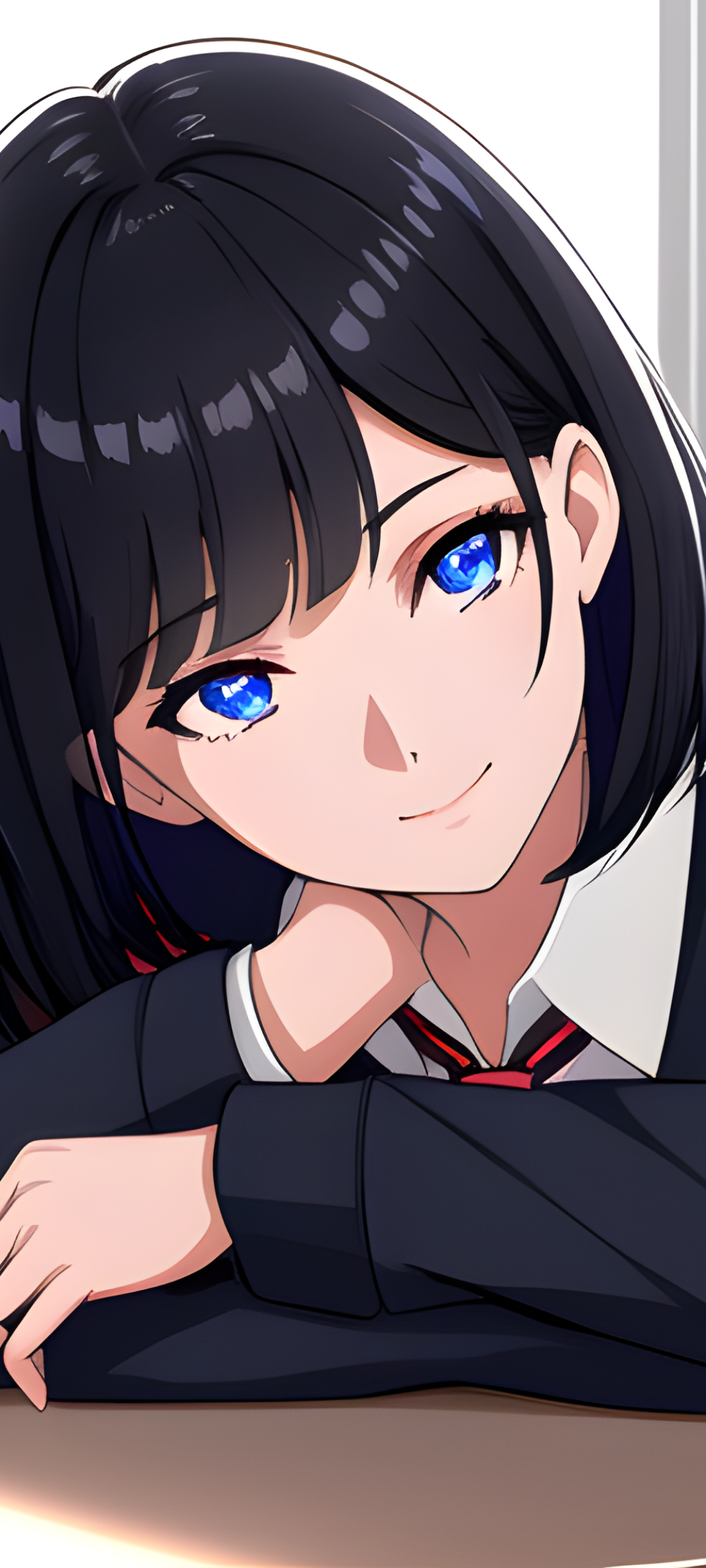 AI-generated anime girl with blue eyes and a black bob in a school uniform, leaning on folded arms — phone wallpaper sized for iPhone and Android.