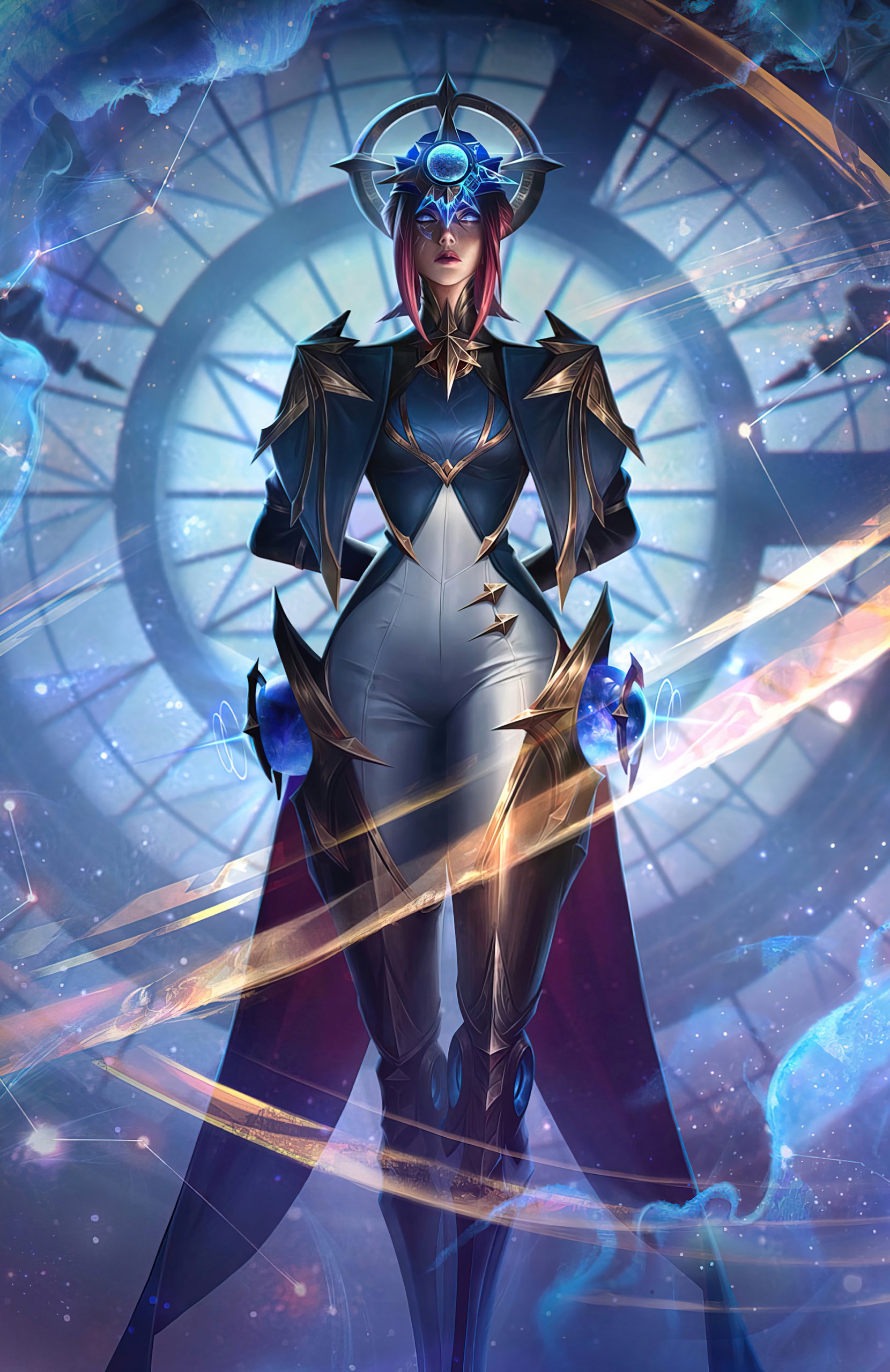 Video game phone wallpaper of Camille from League of Legends: poised, armored champion with blue glowing accents and a crown-like helm, framed by a luminous circular window and a flowing cape.