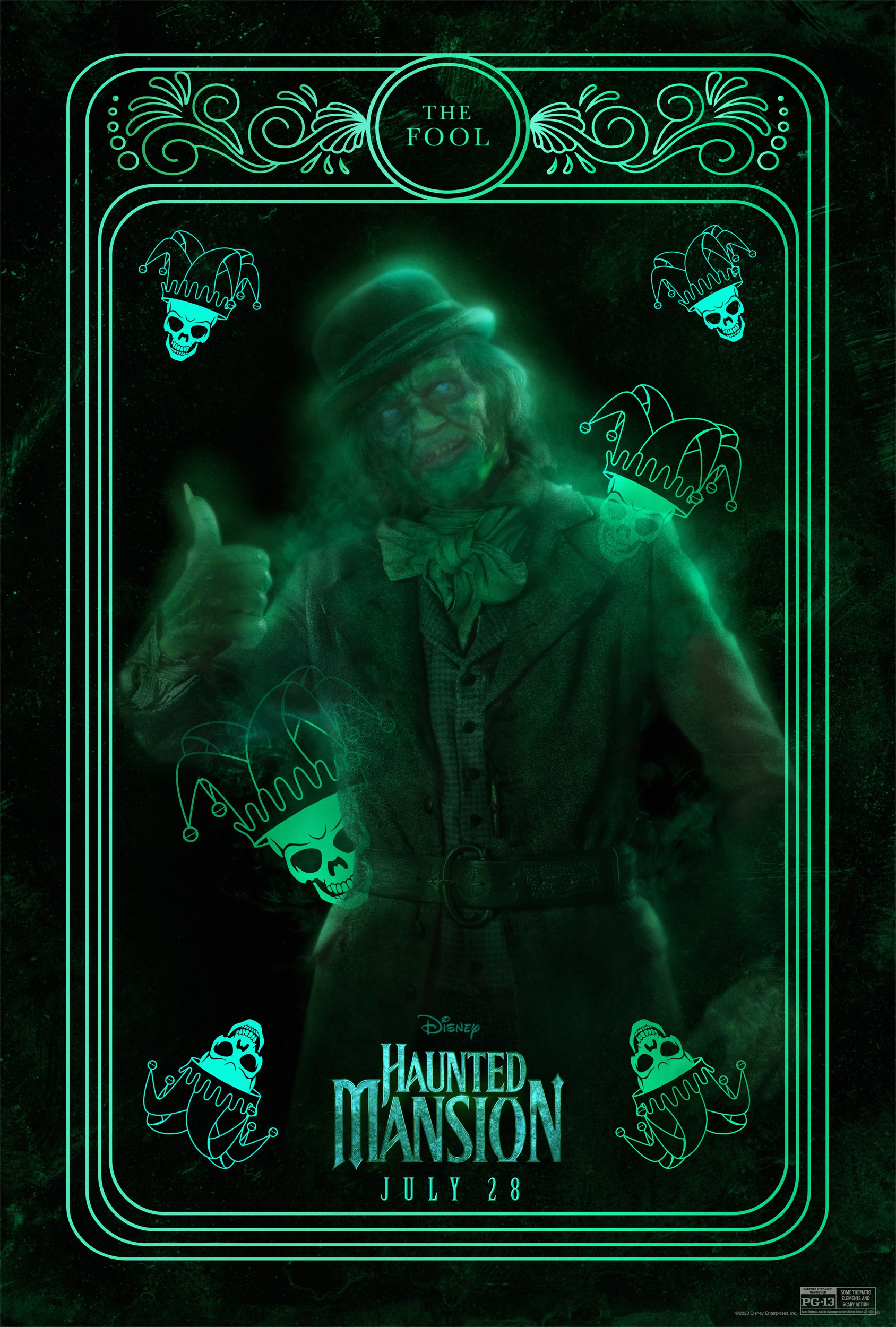 Haunted Mansion themed phone wallpaper featuring The Fool tarot card design with ghostly figures and eerie green tones.