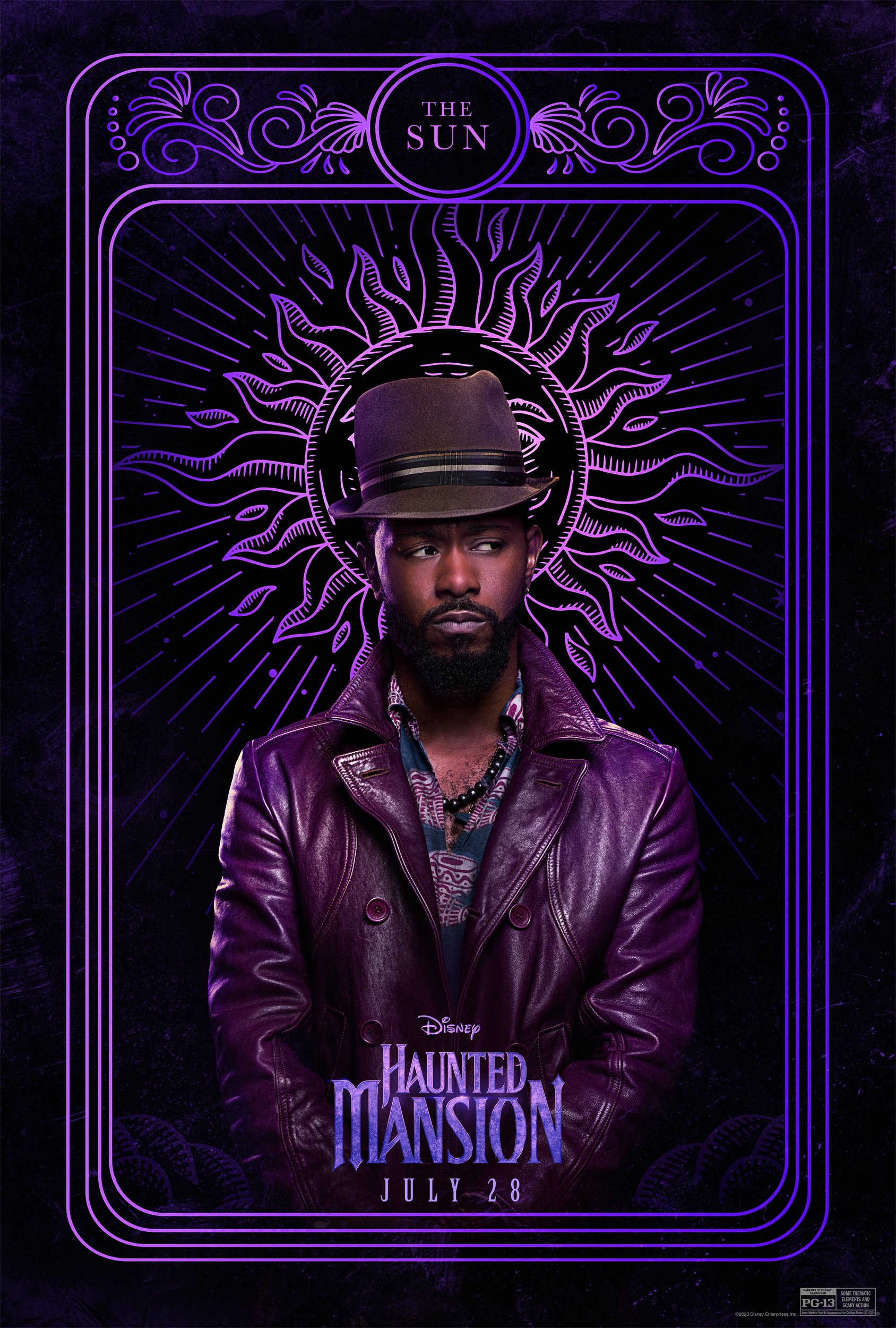 Phone wallpaper featuring Lakeith Stanfield in a stylish, purple-themed design for Disney's Haunted Mansion, highlighting his character with vibrant visuals.