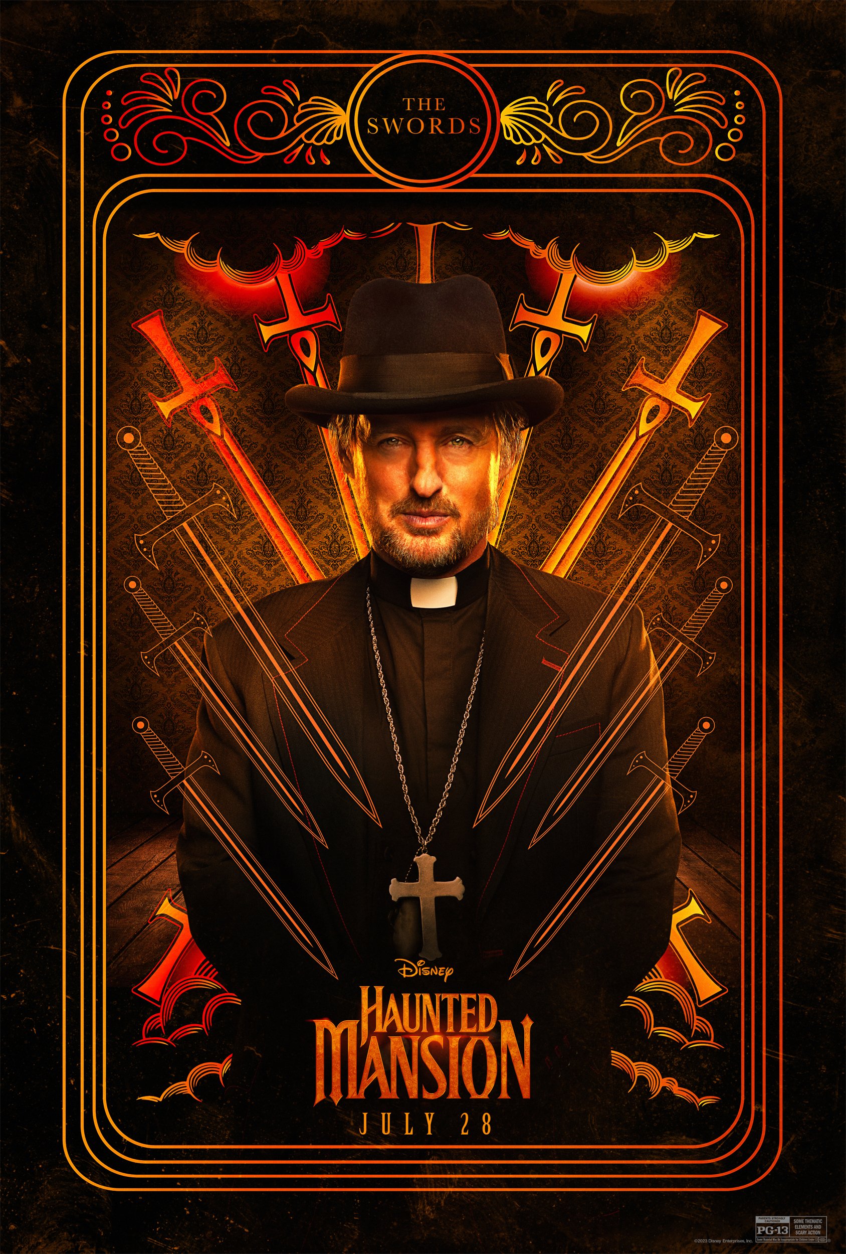 Owen Wilson stars in the movie Haunted Mansion, depicted in this vibrant phone wallpaper with a dramatic background of swords and a mysterious atmosphere.