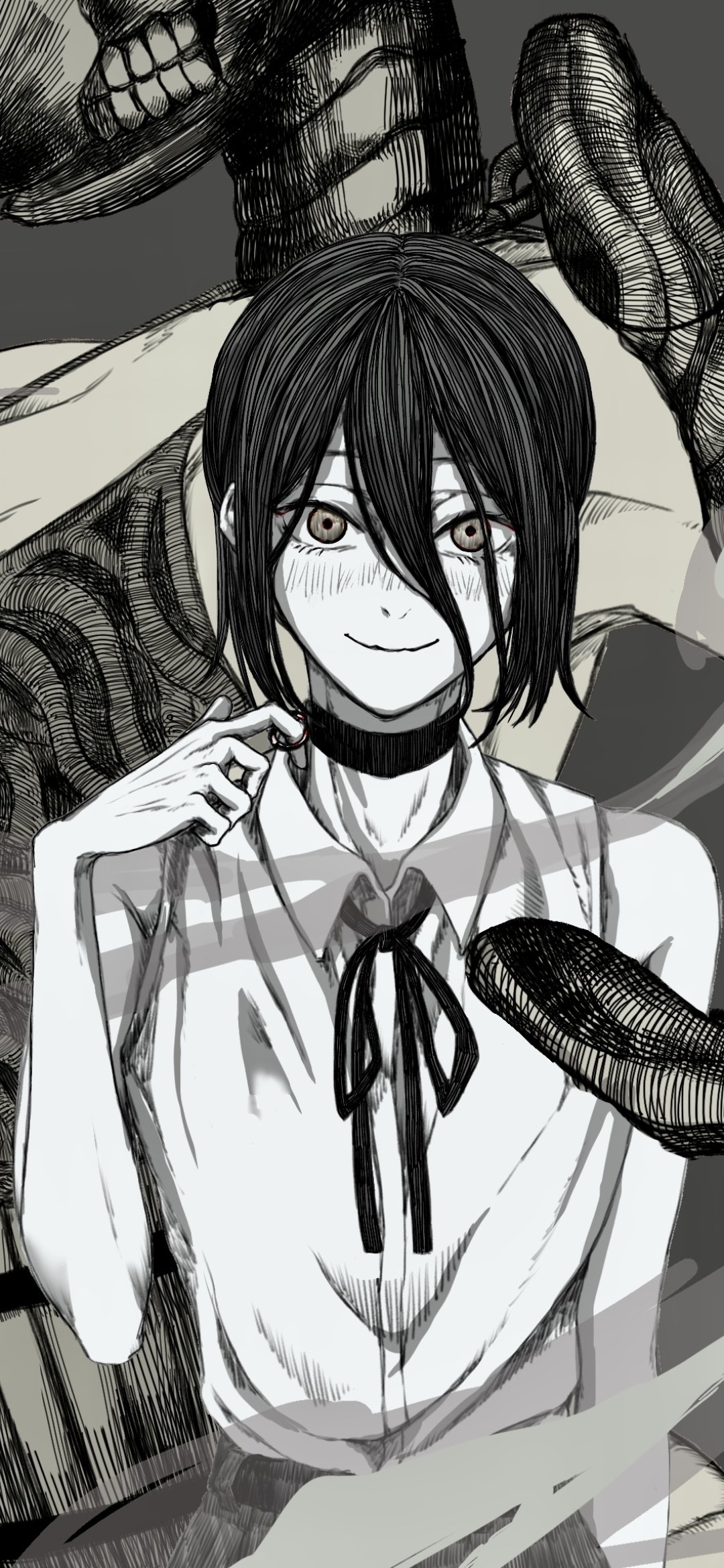 Anime Chainsaw Man phone wallpaper for iPhone and Android: monochrome close-up of a smiling, freckled girl with dark hair and choker, looming chainsaw-demon shadows behind her.