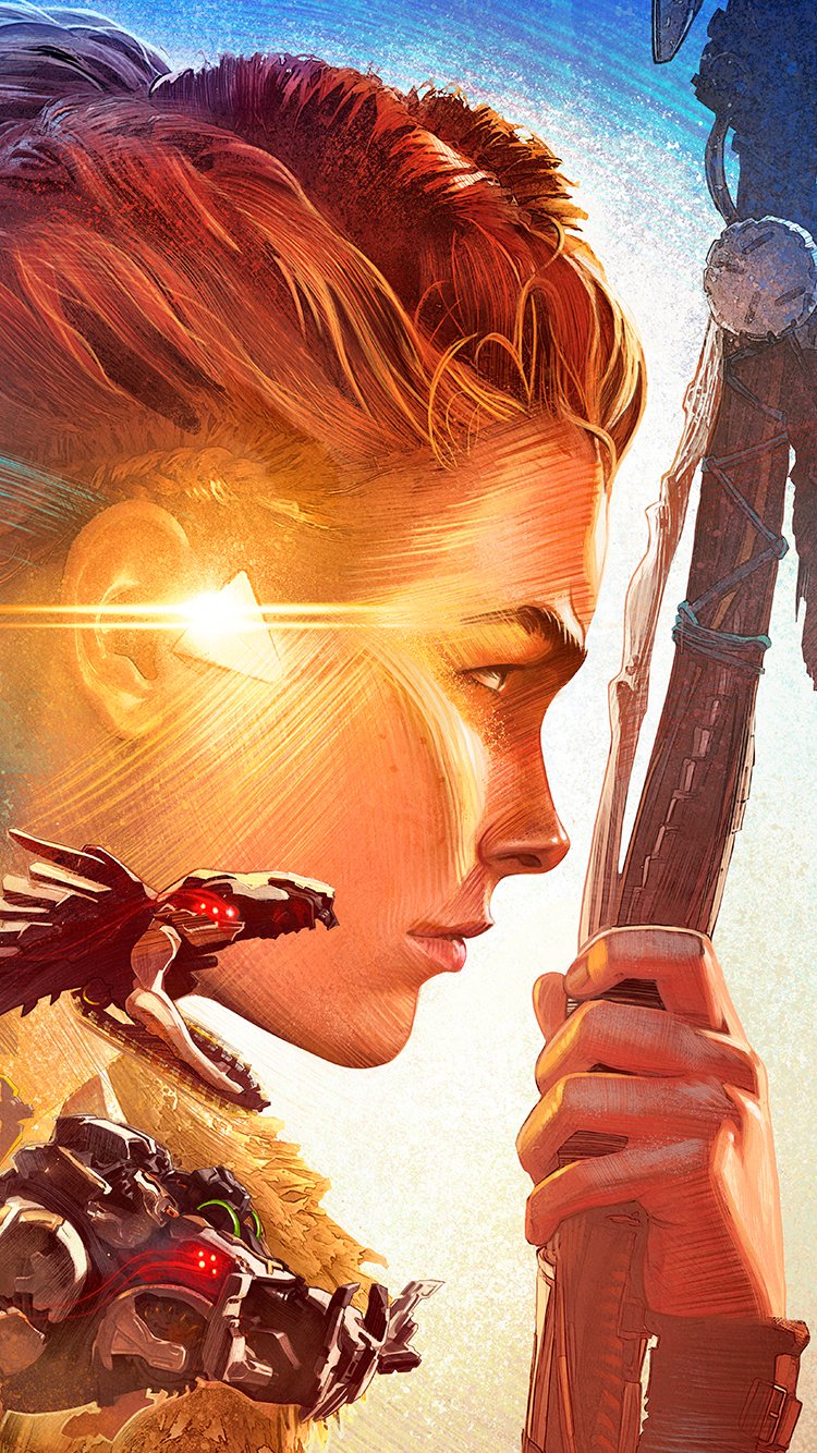 Horizon Forbidden West phone wallpaper featuring the protagonist with a bow, against a vibrant background.