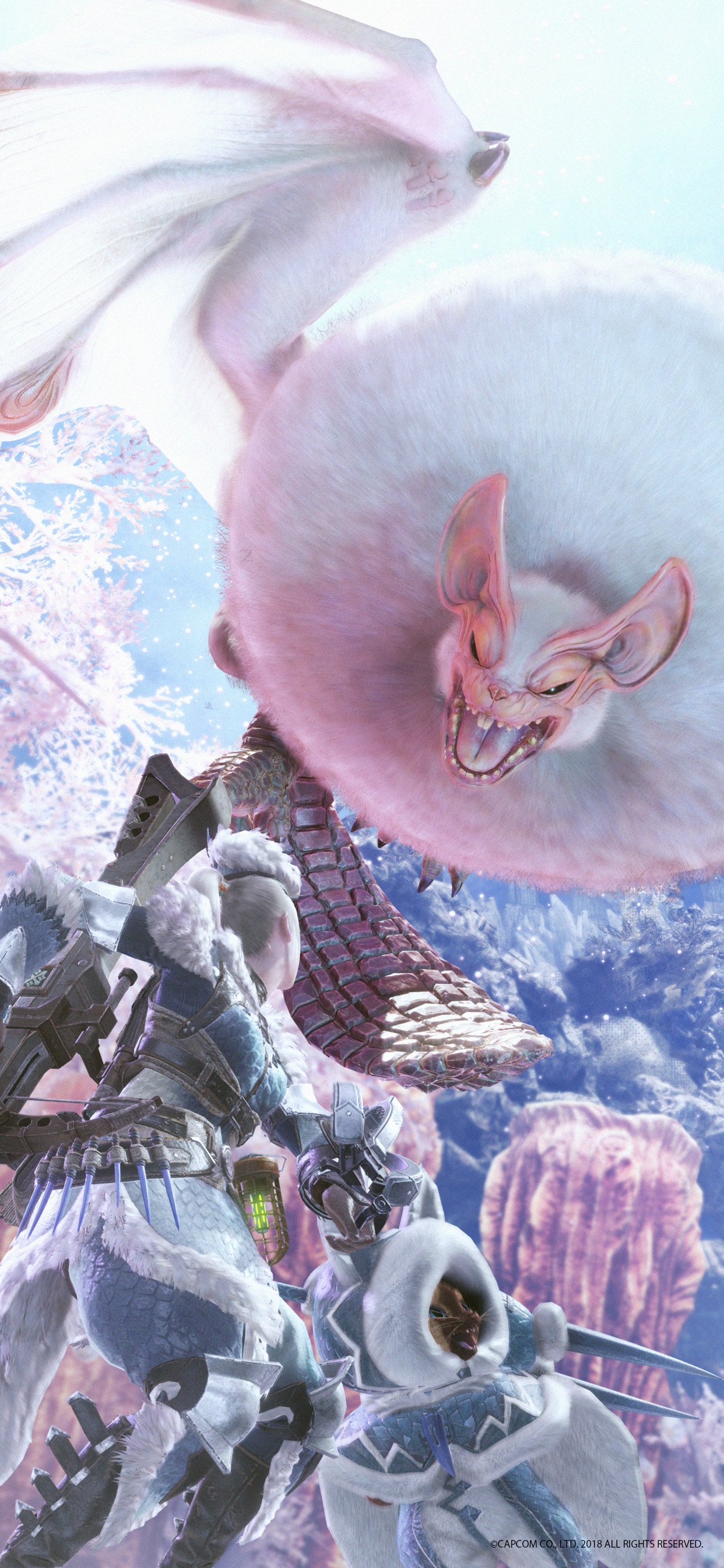 Monster Hunter: World-themed phone wallpaper featuring a hunter in armor ready for battle with a majestic flying creature in a frosty landscape.
