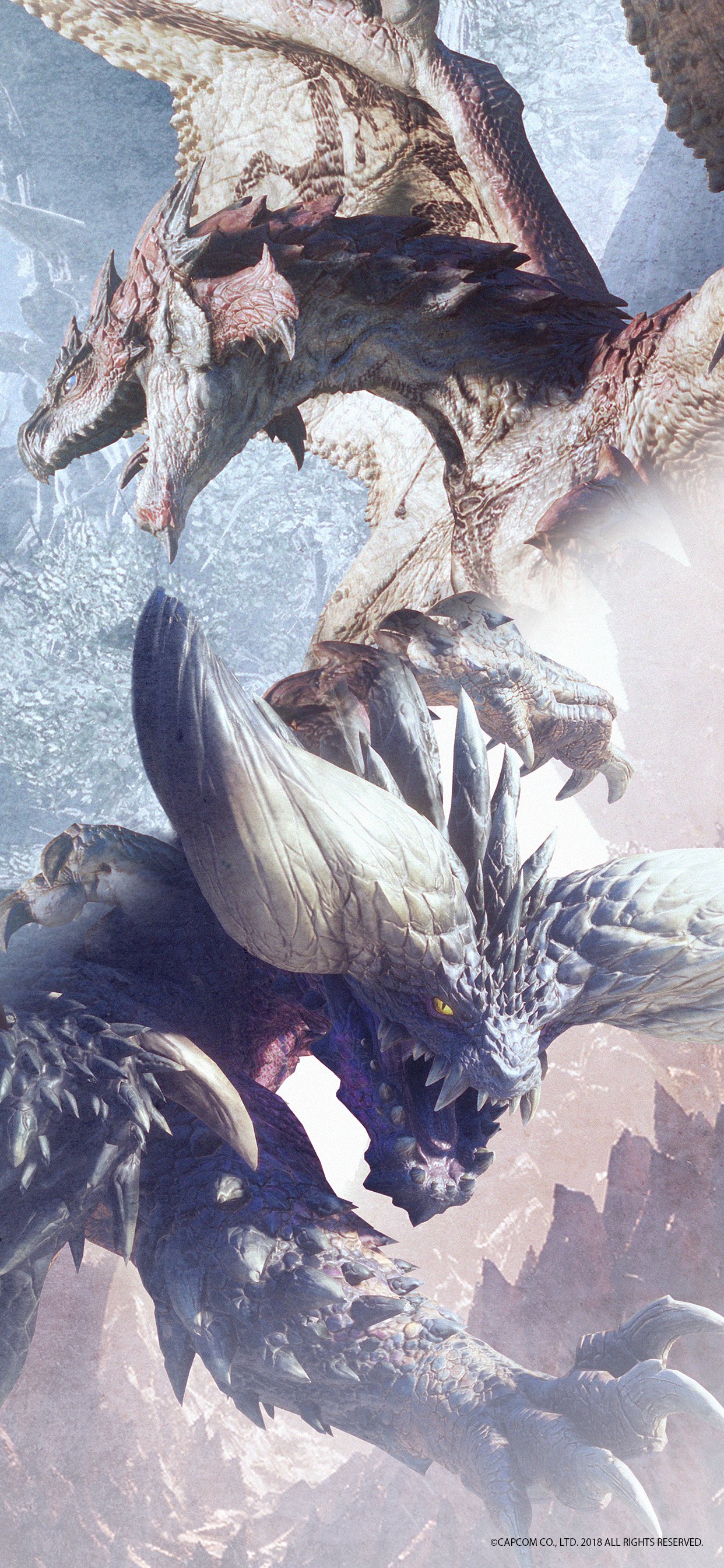 Vertical phone wallpaper featuring dynamic artwork from Monster Hunter: World with two imposing dragons in mid-battle stance.