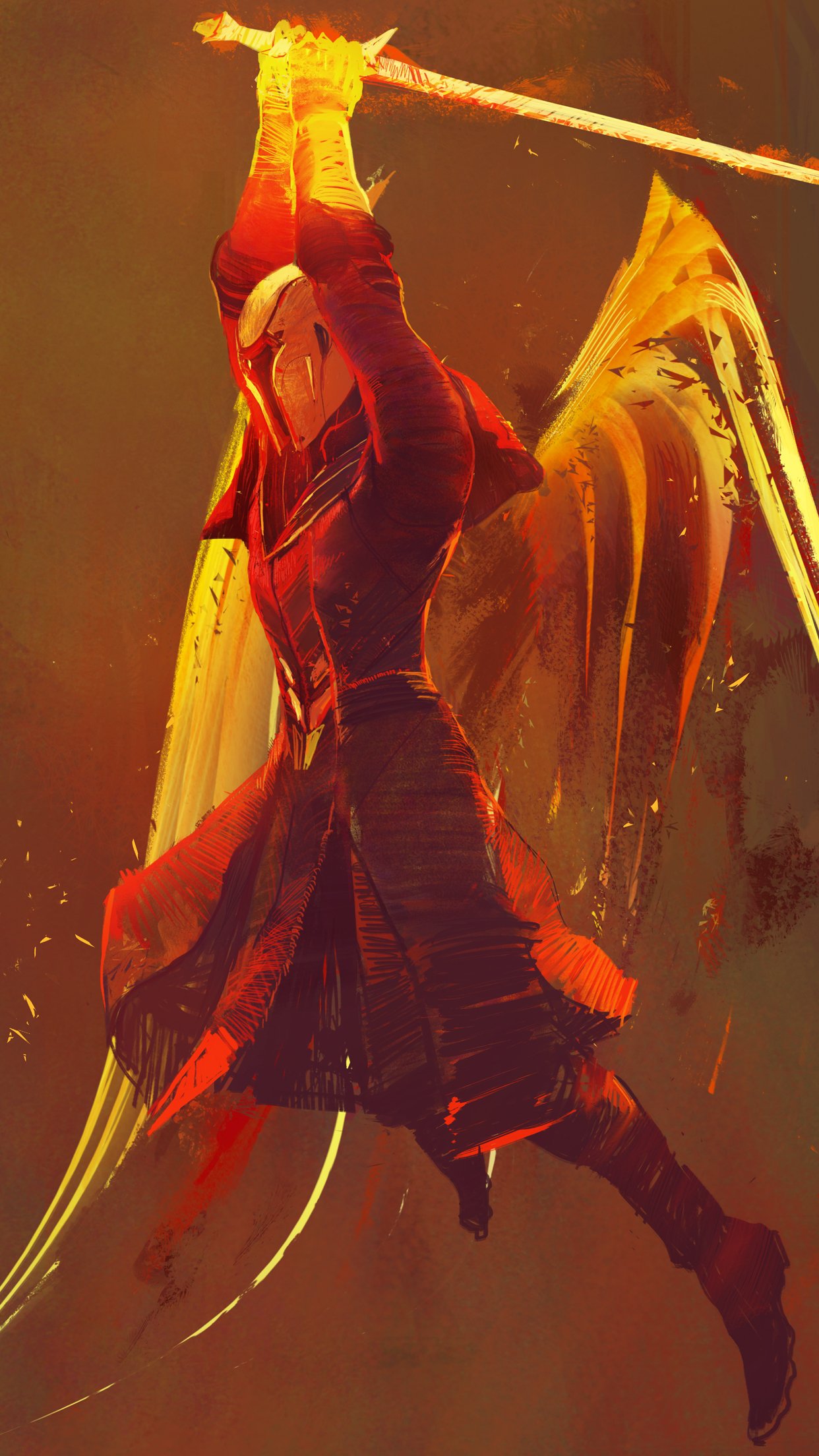 Destiny 2 themed phone wallpaper featuring an artistic illustration of a Guardian in dynamic action pose with a sword, set against a warm-toned background.