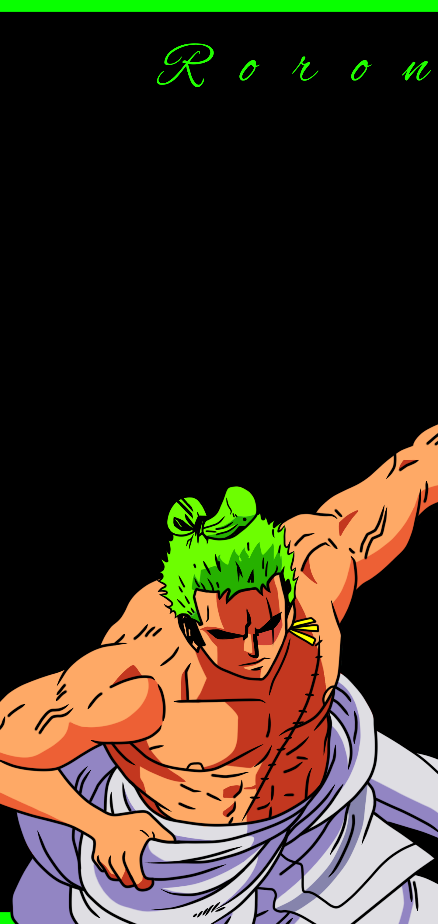 Phone wallpaper (iPhone/Android): One Piece's Roronoa Zoro with green hair, shirtless and wrapped in white cloth, striking a dynamic arm pose on a black background with neon green accents and Roron text.