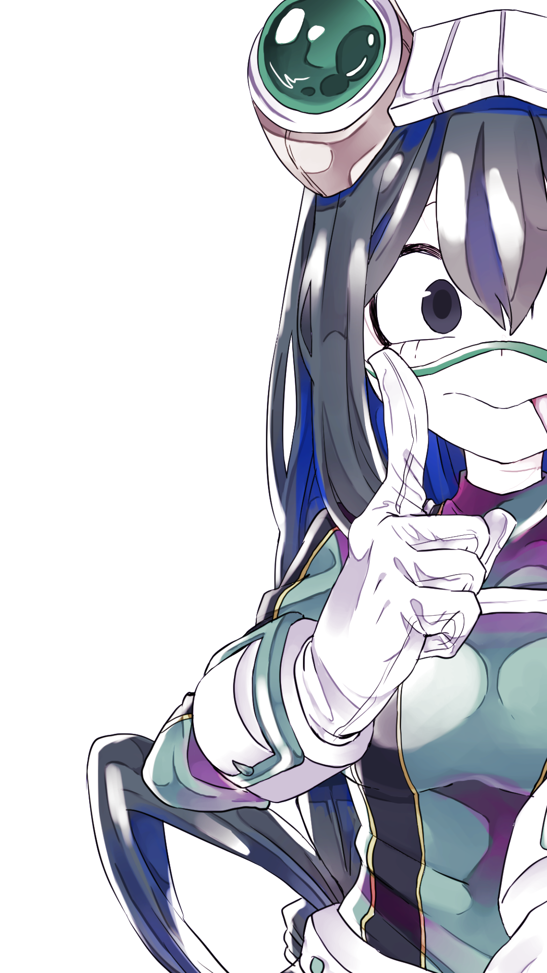 Phone wallpaper of Tsuyu Asui from My Hero Academia: half-body anime portrait on a white background, pointing with a gloved hand while wearing her hero suit.