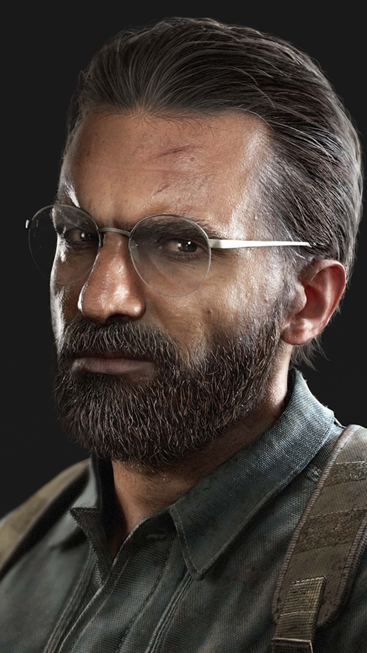 Uncharted: The Lost Legacy character portrait mobile wallpaper featuring a bearded man with glasses and tactical gear against a dark background.