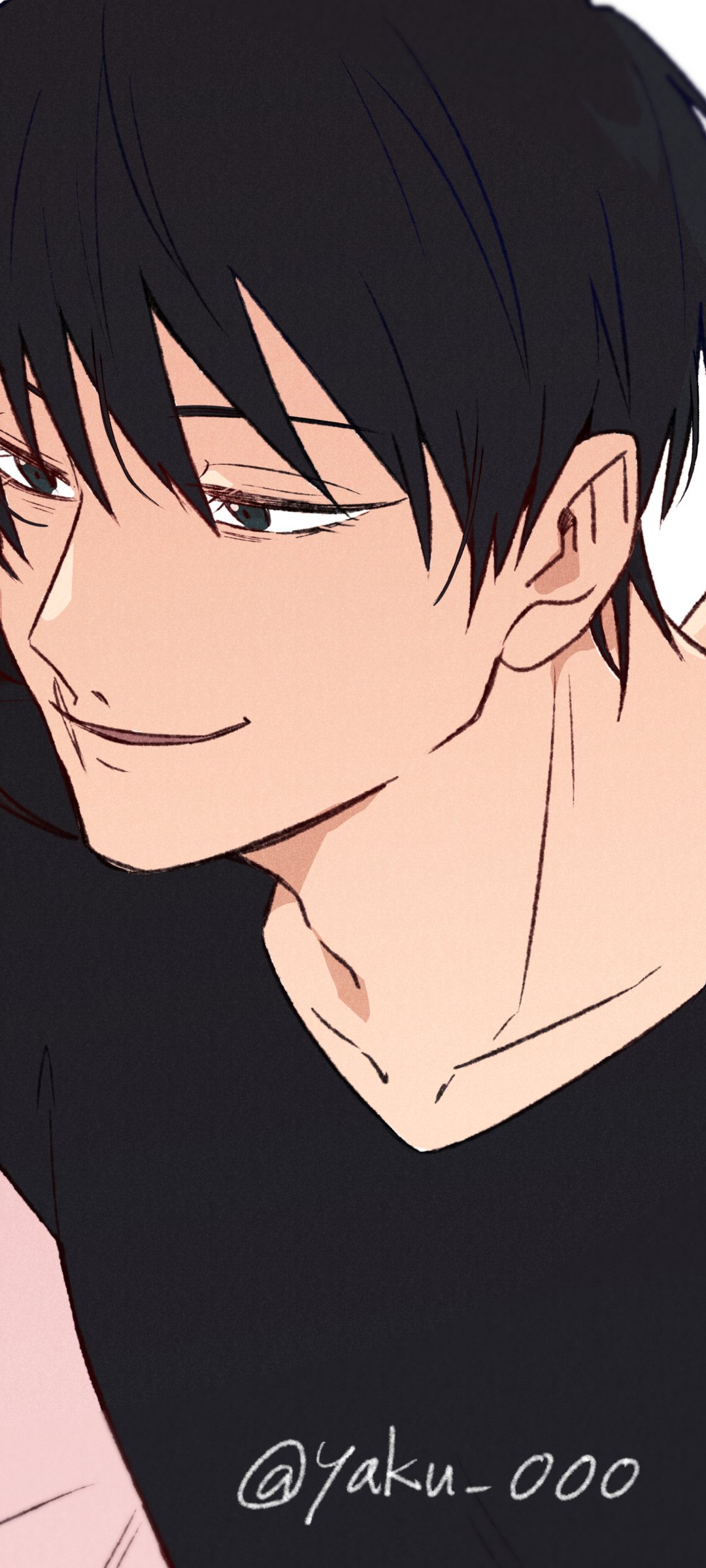 Phone wallpaper anime-style close-up of a Jujutsu Kaisen character smiling softly, short black hair and black shirt, cropped portrait with artist signature @yaku_000 in the corner.
