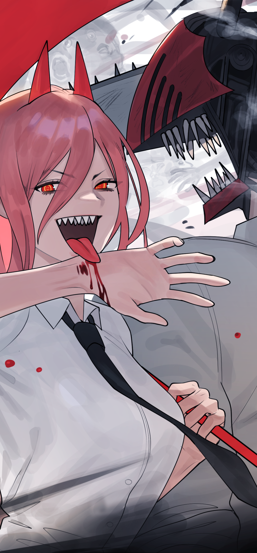 Anime-style Chainsaw Man phone wallpaper featuring a grinning character with red horns and sharp teeth alongside a menacing, chainsaw-headed figure on a snowy backdrop.