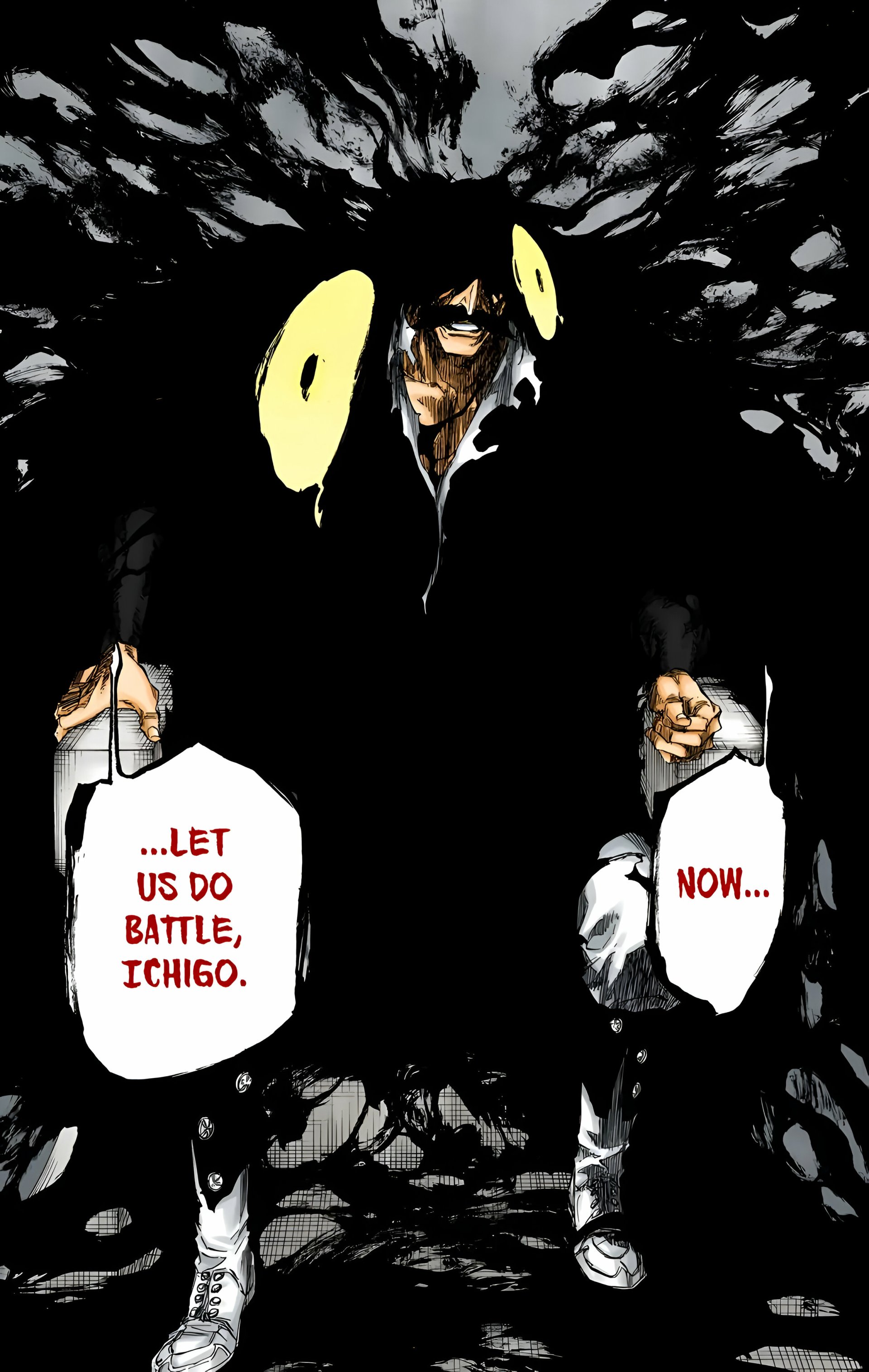 Phone wallpaper, Anime, Bleach: Thousand-Year Blood War — an ominous cloaked figure with glowing yellow accents emerges from shadow, speech bubbles: ...LET US DO BATTLE, ICHIGO. NOW...