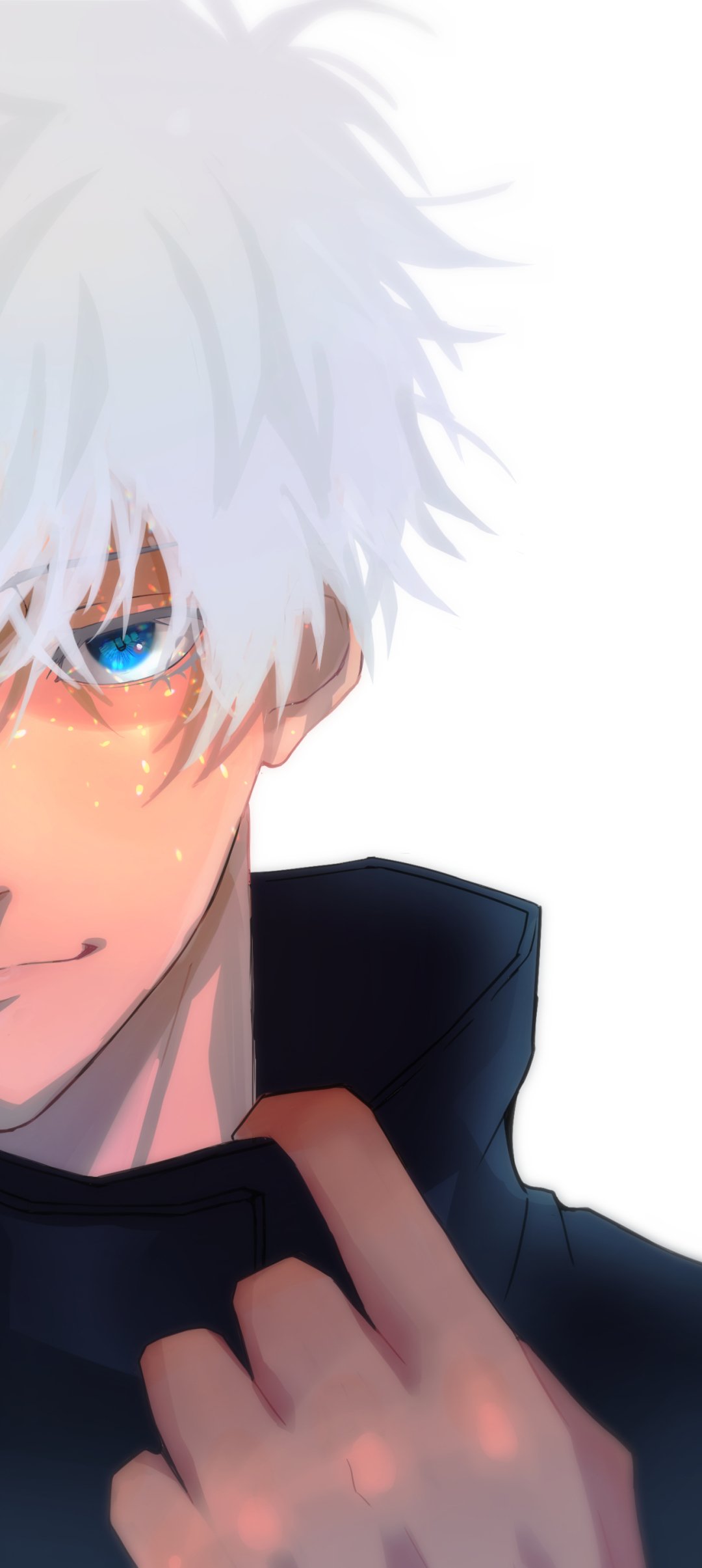 Anime-style close-up of a character from Jujutsu Kaisen with white hair and blue eyes, designed as a vibrant phone wallpaper for iPhone and Android devices.