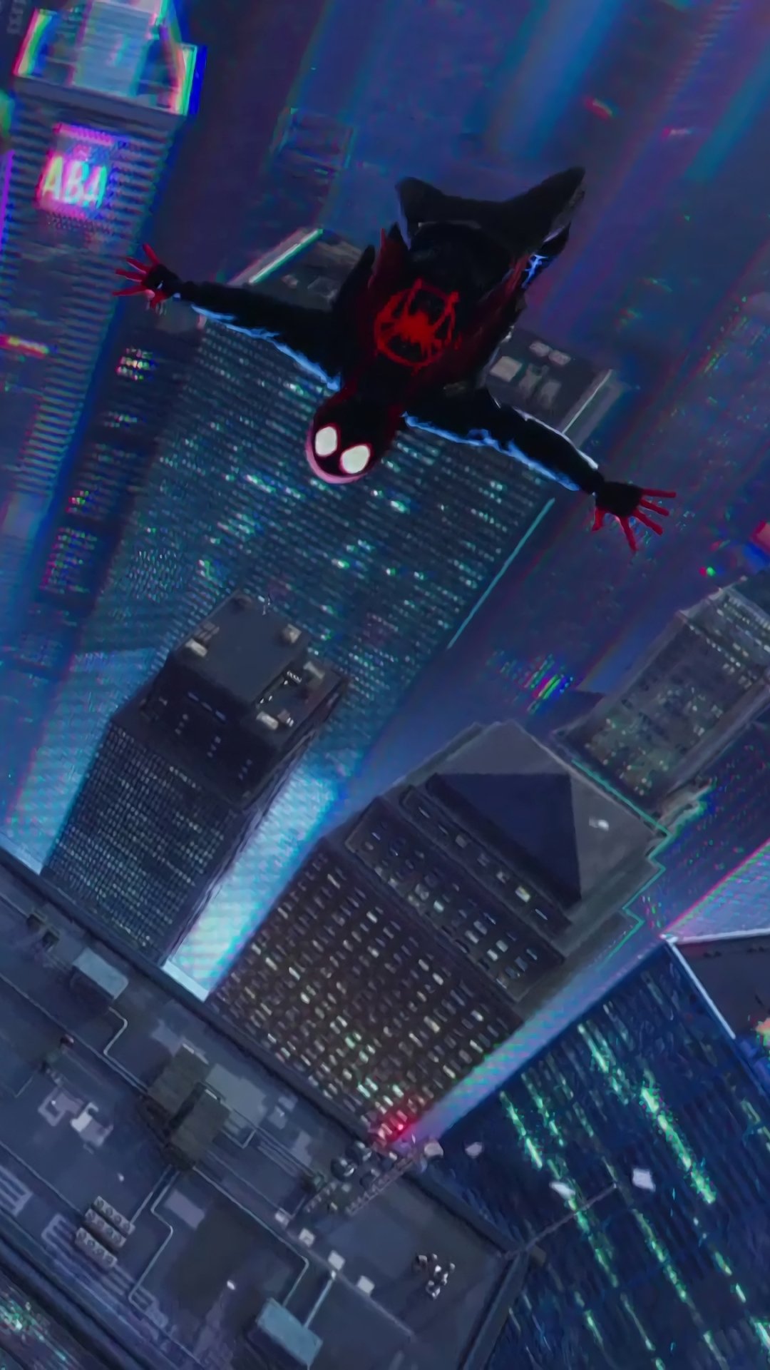 Phone wallpaper featuring Spider-Man from Spider-Man: Into The Spider-Verse, diving through a neon-lit cityscape, designed for iPhone and Android screens.