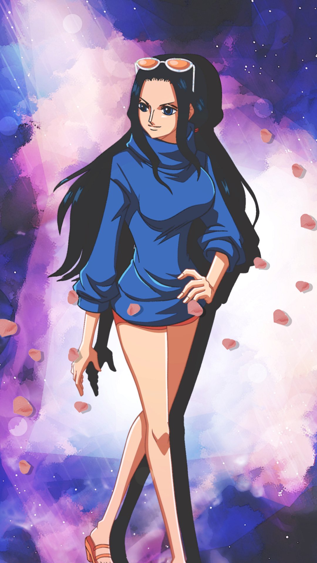 Anime-style One Piece character standing confidently against a vibrant, cosmic background, designed as a phone wallpaper for iPhone and Android devices.
