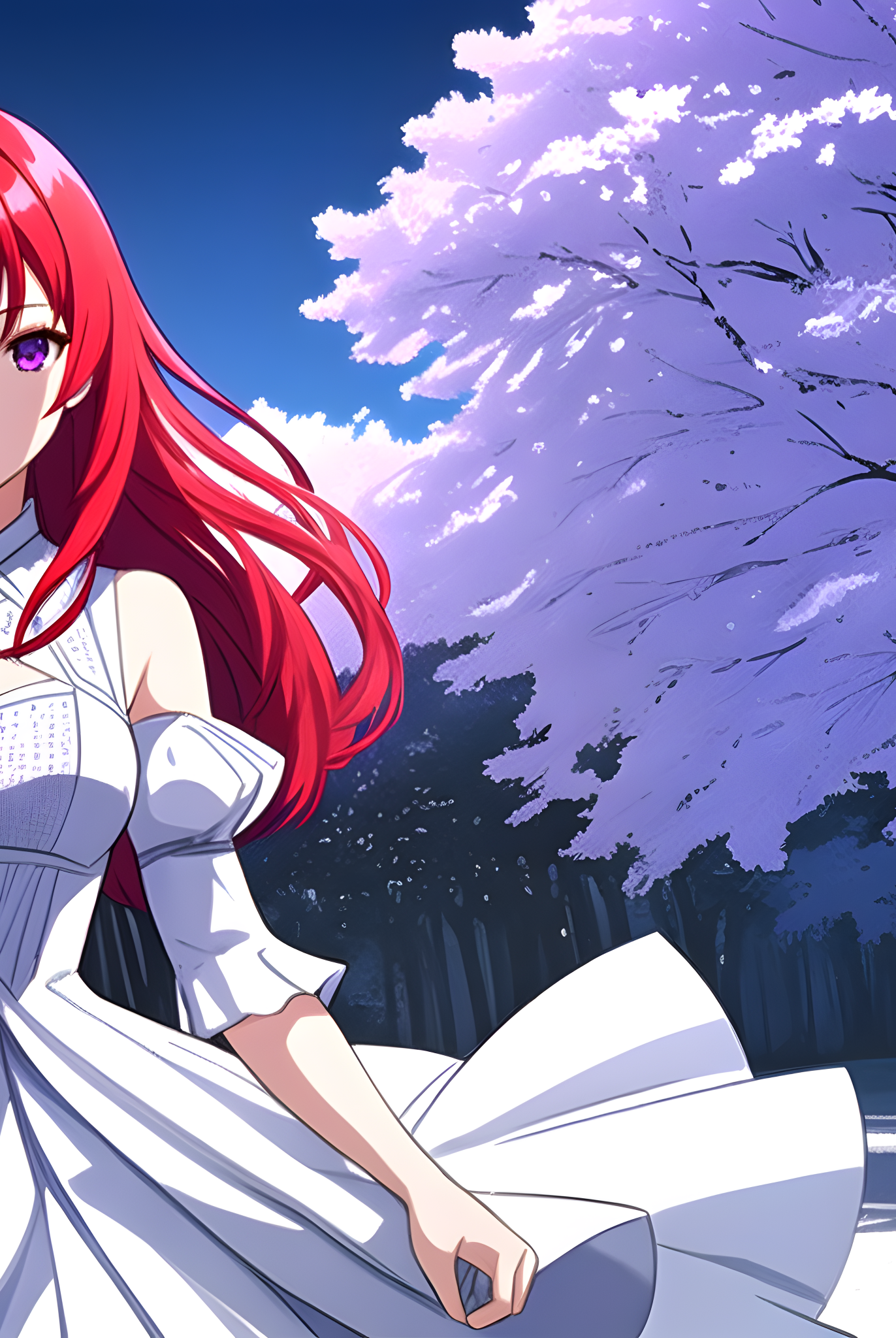 Red-haired anime girl in a flowing white dress beneath moonlit cherry blossoms; phone wallpaper formatted for iPhone and Android screens.